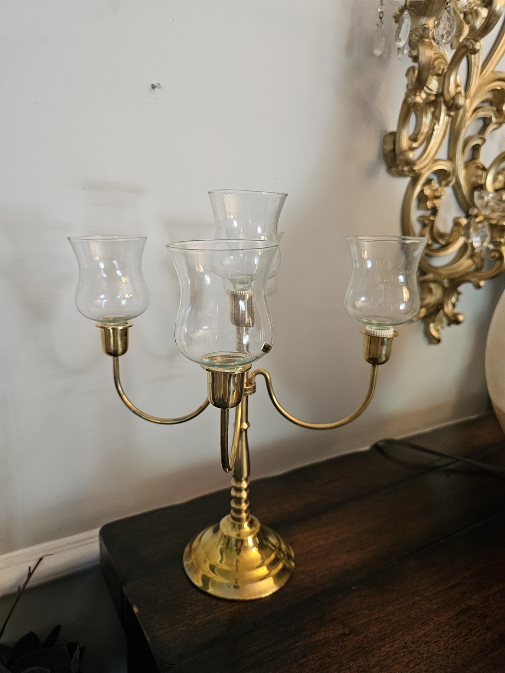 Brass 5-Arm Hurricane Candle Holder - Gold With Small Glass Votives Candelabra
